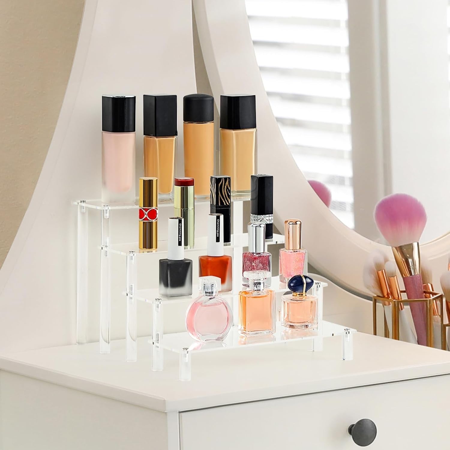 4 Tier Acrylic Display Risers, Clear Perfume Organizer Stand, Cupcake Food Stand Holder, Shelf Risers for POP Figures, Dessert Shelves for Party Table, Vanity Tray, Room Decorations and Organization