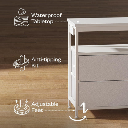 Modern LED TV Stand for Bedroom - 47 Inch Dresser with Storage for 43, 50, and 55 Inch TVs, White Entertainment Center with Power Outlets and 6 Drawer Fabric Dresser for Living Room