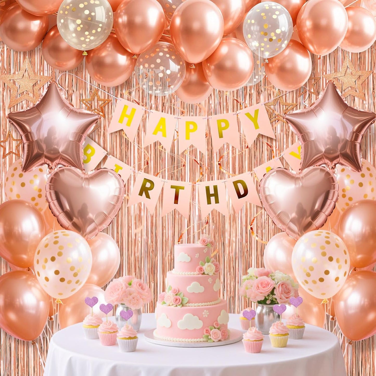 Rose Gold Happy Birthday Party Decorations for Girls, Happy Birthday Banner, Rose Gold Fringe Curtain, Hanging Swirls, Heart & Star Foil Balloons, Confetti Latex Balloons, Party Supplies for Women