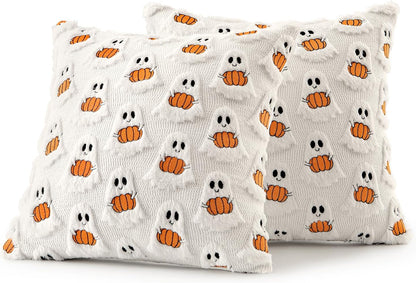 Halloween Pillow Covers Decorative Fall Cute Ghost Plush Faux Fur Pillows 18X18 Inch Set of 2 Soft Pumpkin Accents for Sofa Couch Bed Living Room Festive Home Decor, White Bright Orange