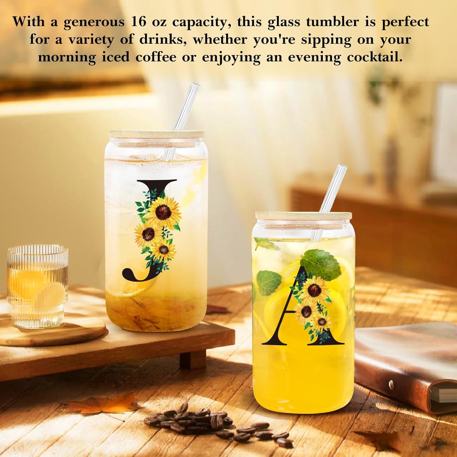 Birthday Gifts for Women, Initial Glass Cups W Lids and Straws, Sunflower Gifts for Women, Personalized Gifts, 16Oz Glass Tumbler Cups W/Straw Lid, Monogrammed Gifts, Birthday Gifts for Her Mom - J