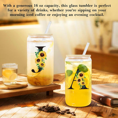 Birthday Gifts for Women, Initial Glass Cups W Lids and Straws, Sunflower Gifts for Women, Personalized Gifts, 16Oz Glass Tumbler Cups W/Straw Lid, Monogrammed Gifts, Birthday Gifts for Her Mom - J