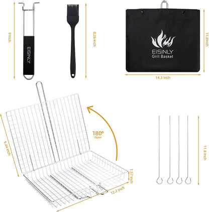Portable Grill Basket,  BBQ Grilling Basket for Outdoor Grill with Removable Handle, Stainless Steel Camping Cooking Grill Accessories for Chicken Fish Vegetable