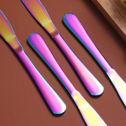 Set of 4 Rainbow Stainless Steel Dinner Knives with Titanium Plating - Colorful and Durable Table Cutlery, Dishwasher Safe