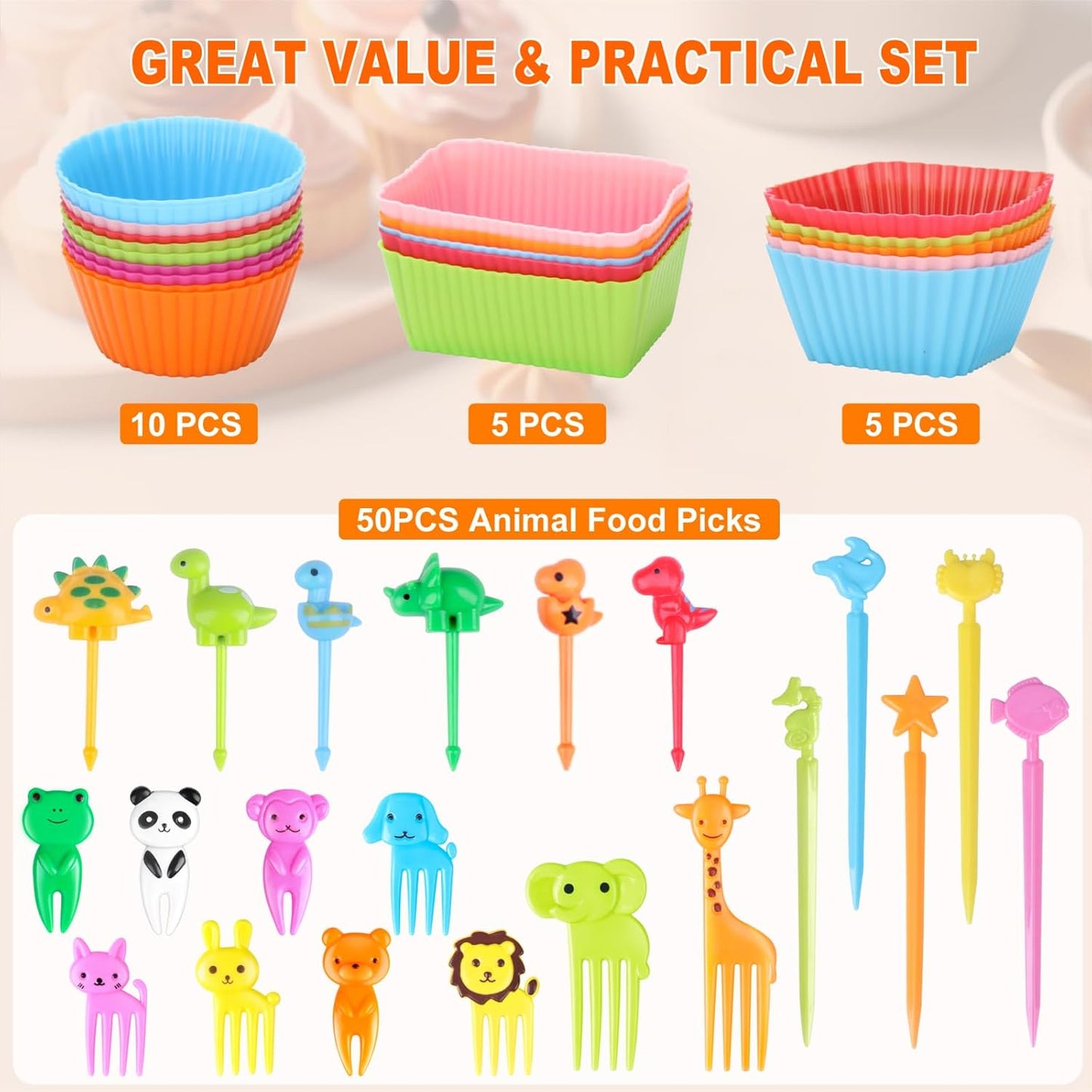 222 Pcs Silicone Lunch Box Dividers Set, Thicked Silicone Cupcake Liners for Baking, Reusable Lunch Bento Box Accessories with Animal Food Picks for Kids (20 Muffin Cups + 202 Food Picks)