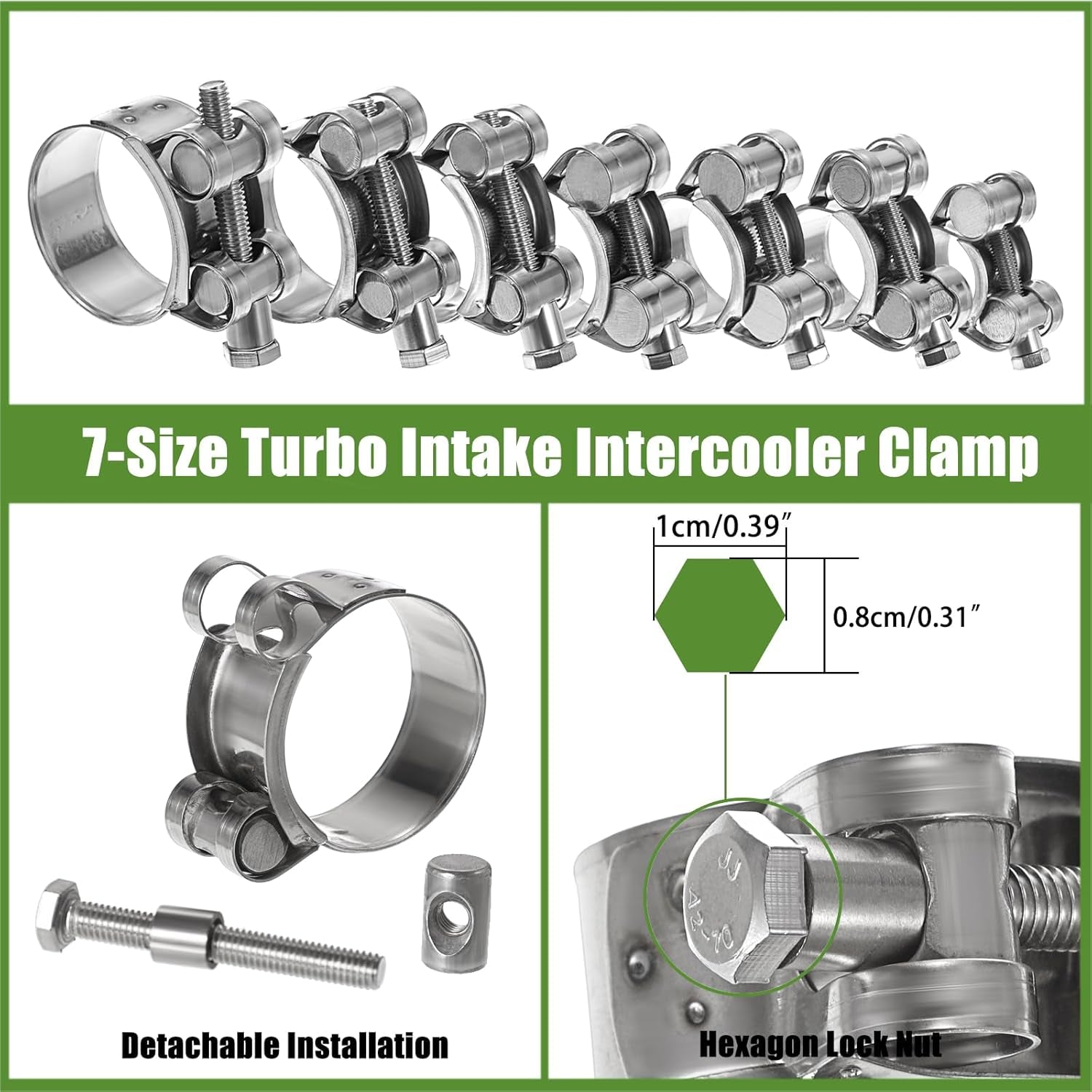 14-Piece Stainless Steel T-Bolt Hose Clamp Set, 7 Size Variations for Turbo Intake, Heavy-Duty Intercooler Pipe and Radiator Hose Applications (17-39mm)