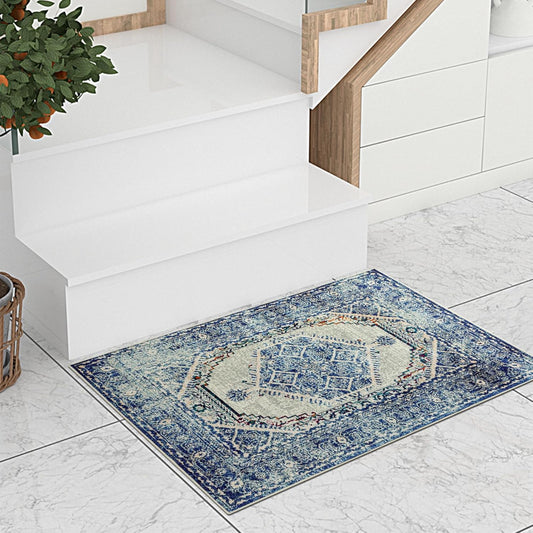 Boho Area Rug 2X3 Washable Entryway Rugs Front Door Mat Indoor Entrance Non-Slip Vintage Distressed Small Entry Rug for Living Room Kitchen Bathroom Office Lightweight Carpet, Blue Cream
