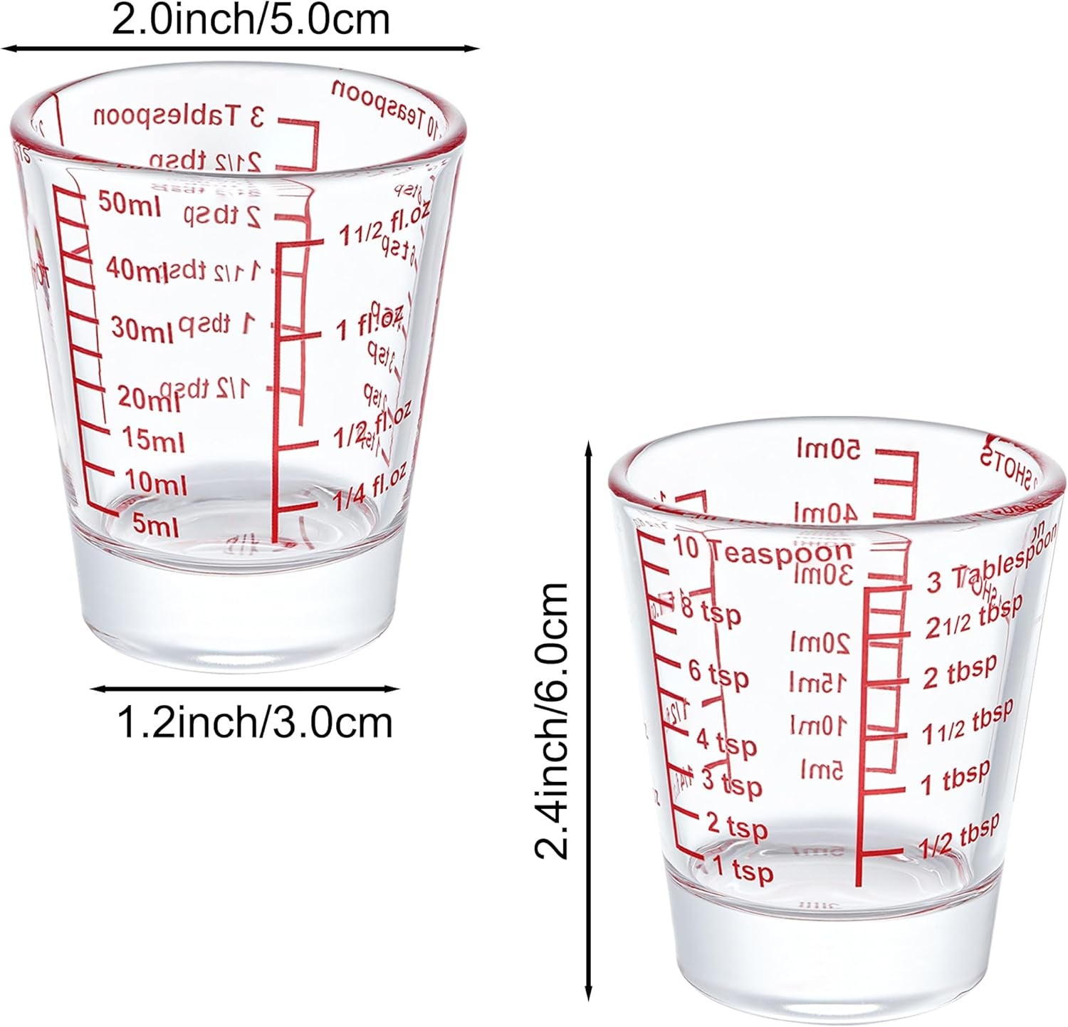 Ackers Mini Measure Heavy Glass, 32-Incremental Measurements Multi-Purpose Liquid and Dry Measuring Shot Glass, Red Single