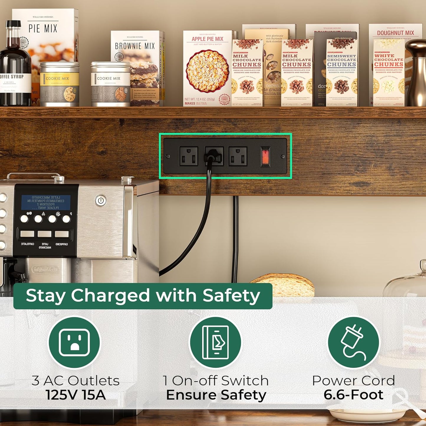 Rustic Brown Bakers Rack with Power Outlet, 35.4-Inch Coffee Bar, Microwave Stand with Wire Basket and 6 S-Shaped Hooks, Open Storage Shelves