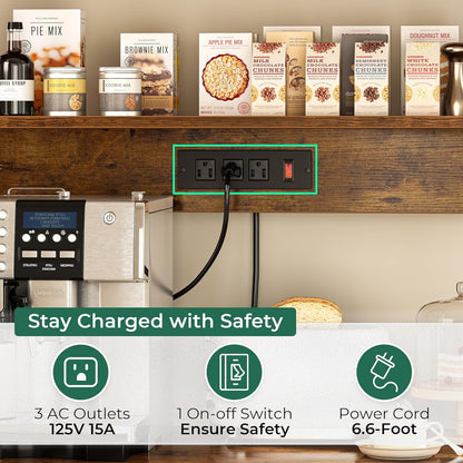 Rustic Brown Bakers Rack with Power Outlet, 35.4-Inch Coffee Bar, Microwave Stand with Wire Basket and 6 S-Shaped Hooks, Open Storage Shelves