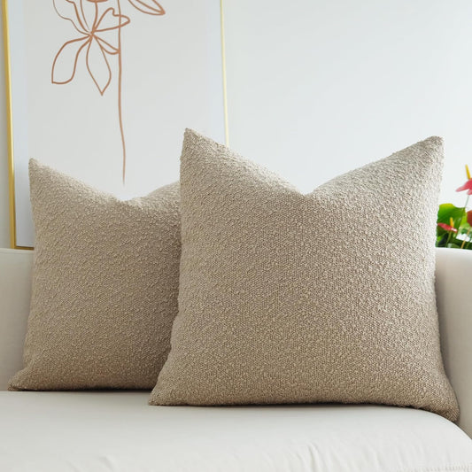 Pack of 2 Textured Boucle Throw Pillow Covers Accent Solid Pillowcovers Home Decor 20 X 20 Inch Khaki