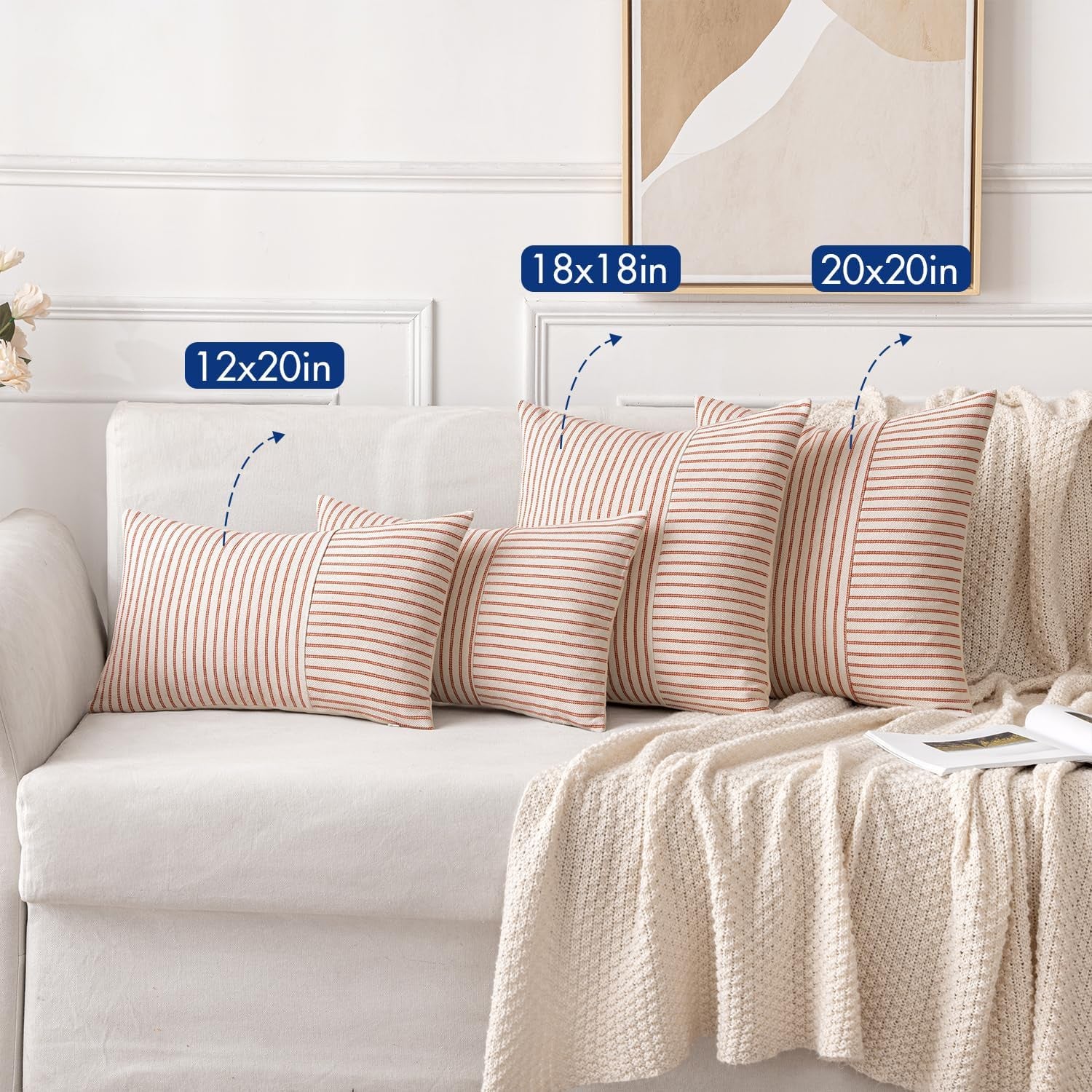 Fall Rust and Beige Patchwork Farmhouse Pillow Covers 18X18 Inch, Pack of 2 Striped Linen Decorative Modern Accent Pillow Cases for Sofa Couch Bedroom