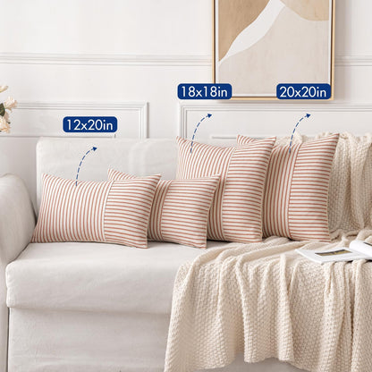 Fall Rust and Beige Patchwork Farmhouse Pillow Covers 18X18 Inch, Pack of 2 Striped Linen Decorative Modern Accent Pillow Cases for Sofa Couch Bedroom