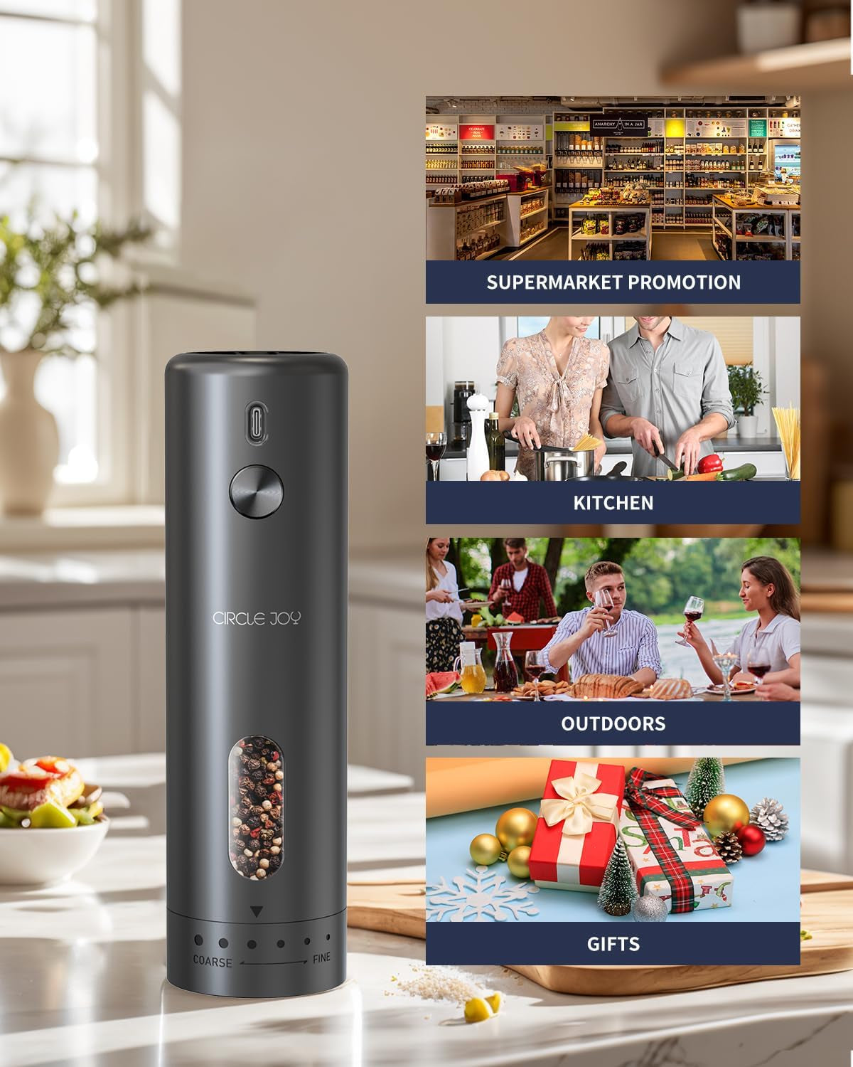 Electric Pepper Grinder Rechargeable, Automatic Pepper Mill with 110Ml Container, External Adjustable Coarseness, White Led Light and One-Handed Operation, Black