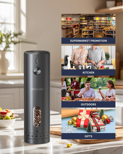 Electric Pepper Grinder Rechargeable, Automatic Pepper Mill with 110Ml Container, External Adjustable Coarseness, White Led Light and One-Handed Operation, Black