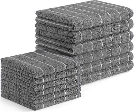 Microfiber Kitchen Towels and Dishcloths Set, 12 Pack Soft and Absorbent Dish Hand Towels Bulk, 28 X 16 Inch & 12 X 12 Inch Quick Drying Rags for Washing Dishes, Grey