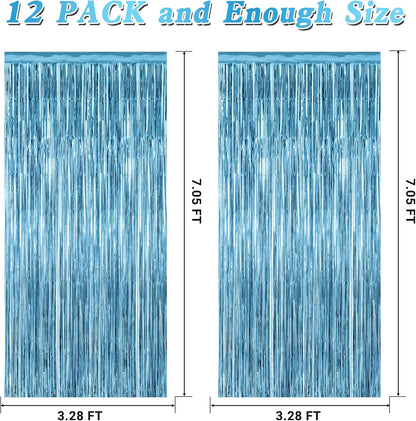 2 Pack Party Decorations, 3.28 FT X 7.05 FT Fringe Backdrop, Metallic Ocean Blue Foil Fringe Curtains Party Streamer Foil Backdrop, Light Blue Birthday Decorations Bachelorette Decor