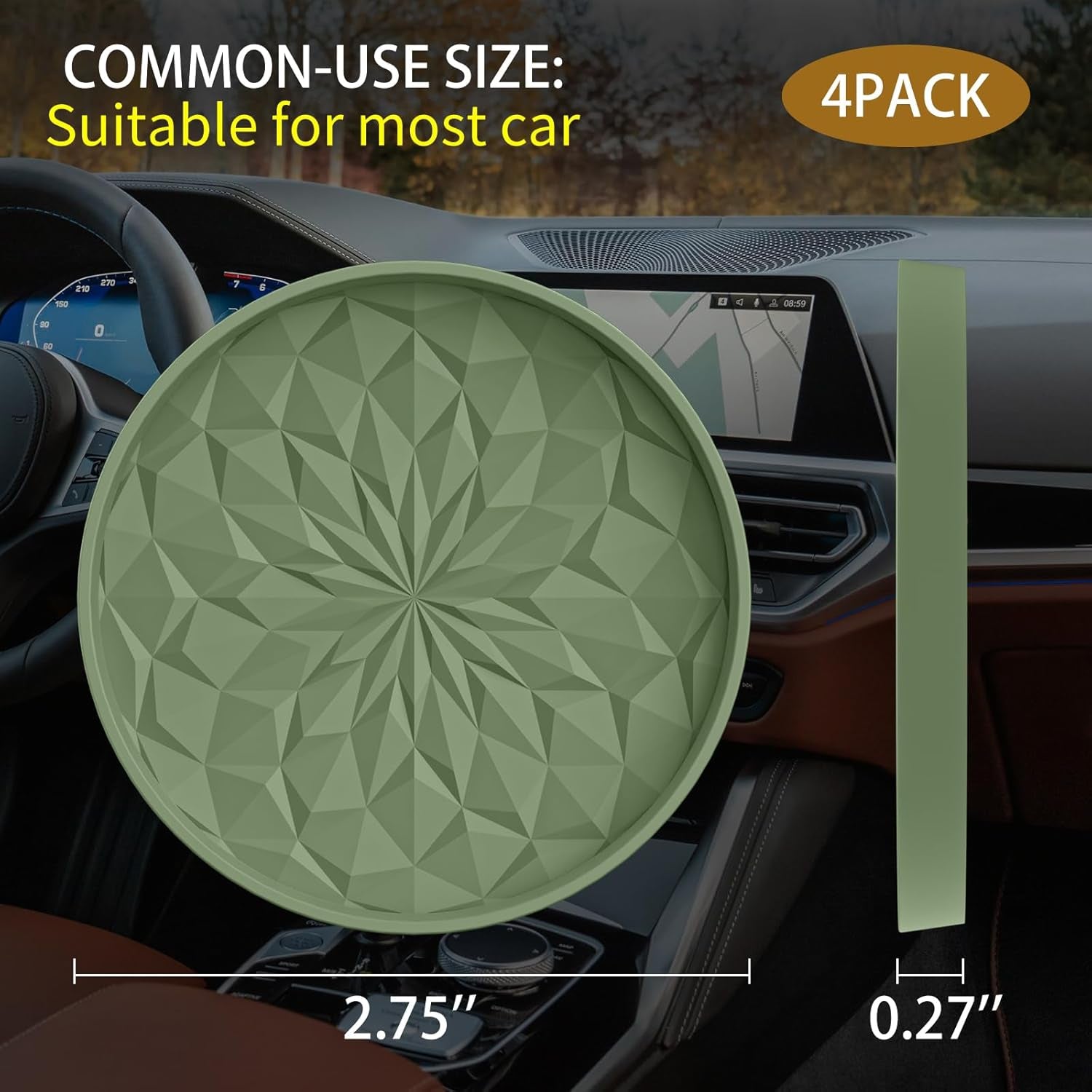 Car Coasters for Cup Holders [4 Pack] - 2.75In Silicone Auto Mug Mats - Universal Non-Slip Recessed Car Interior Accessoriesolive Green
