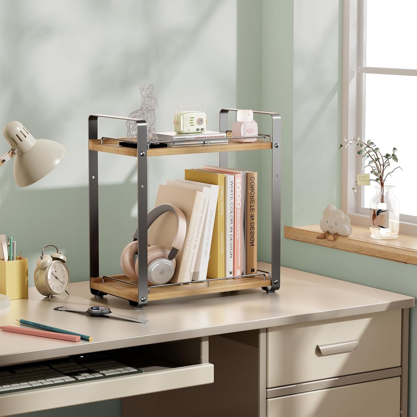 2-Tier Bathroom Counter Organizer, Wood Vanity Organizer Countertop for Skincare & Makeup, Multi-Purpose Vanity Bathroom Shelf for Coffee Station Kitchen Storage and Organization