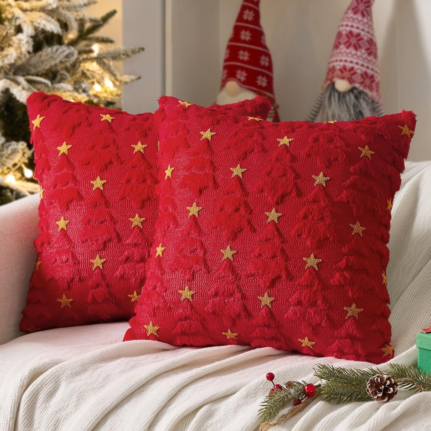 Christmas Pillow Covers 18X18 Inch Set of 2, Red Christmas Tree Plush Faux Fur Pillowcases Soft Decorative Throw Pillow Cases for Couch Sofa Living Room Winter Xmas Holiday Home Decor