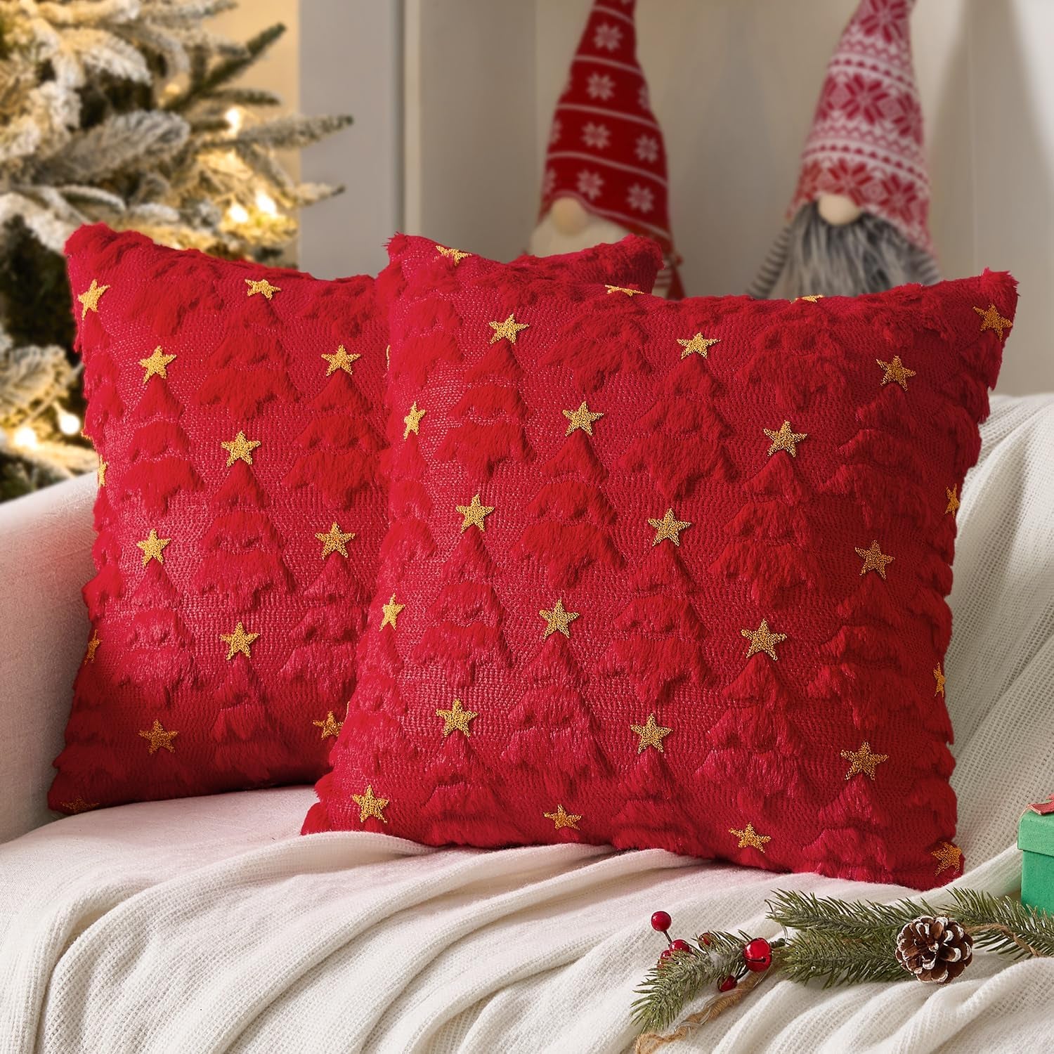 Christmas Pillow Covers 18X18 Inch Set of 2, Red Christmas Tree Plush Faux Fur Pillowcases Soft Decorative Throw Pillow Cases for Couch Sofa Living Room Winter Xmas Holiday Home Decor