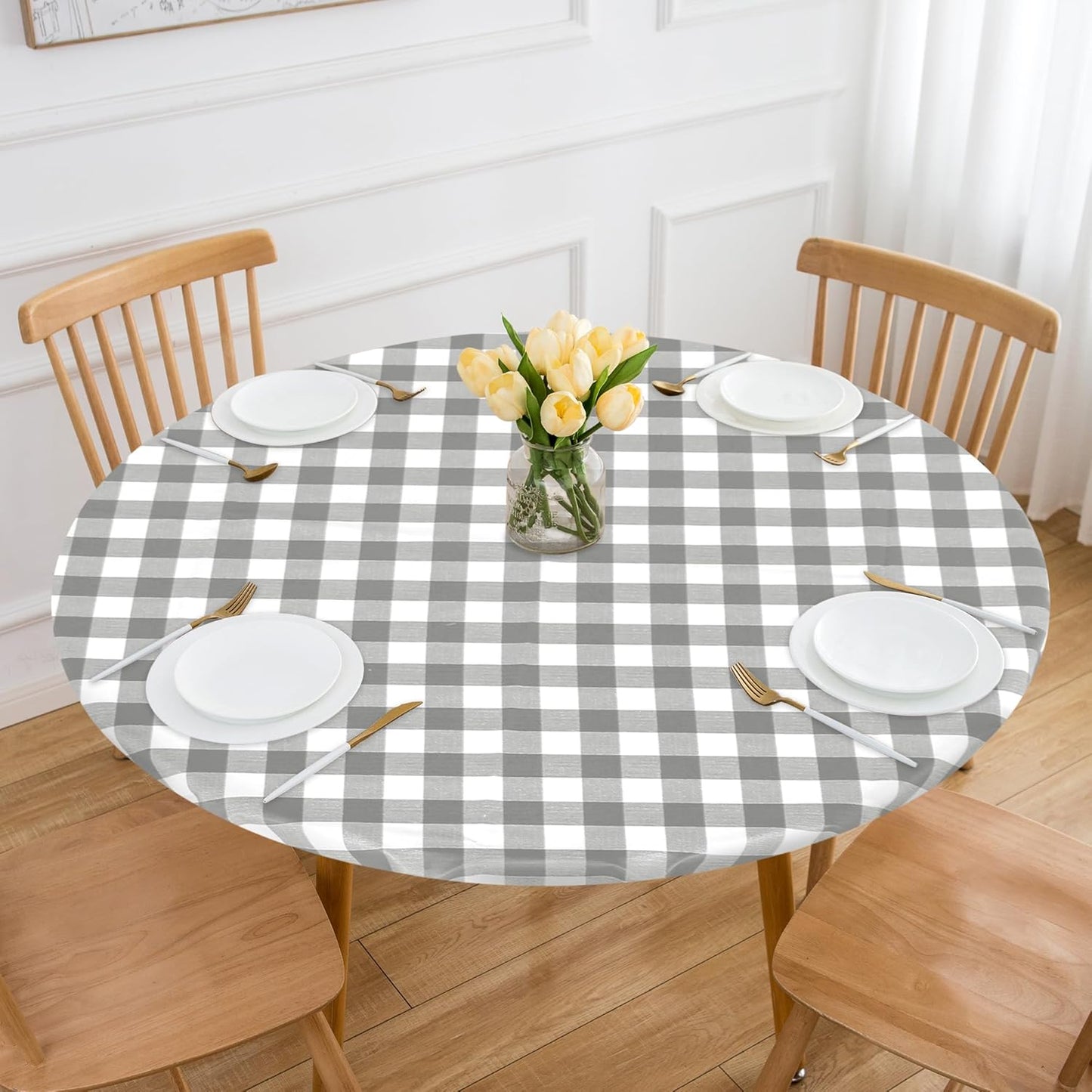 Round Vinyl Fitted Table Cover Set - 2 Pack Waterproof Checkered Elastic Edged Tablecloths with Flannel Backing for Picnics and Parties, Silver/White (Suitable for 45"-56" Round Tables)