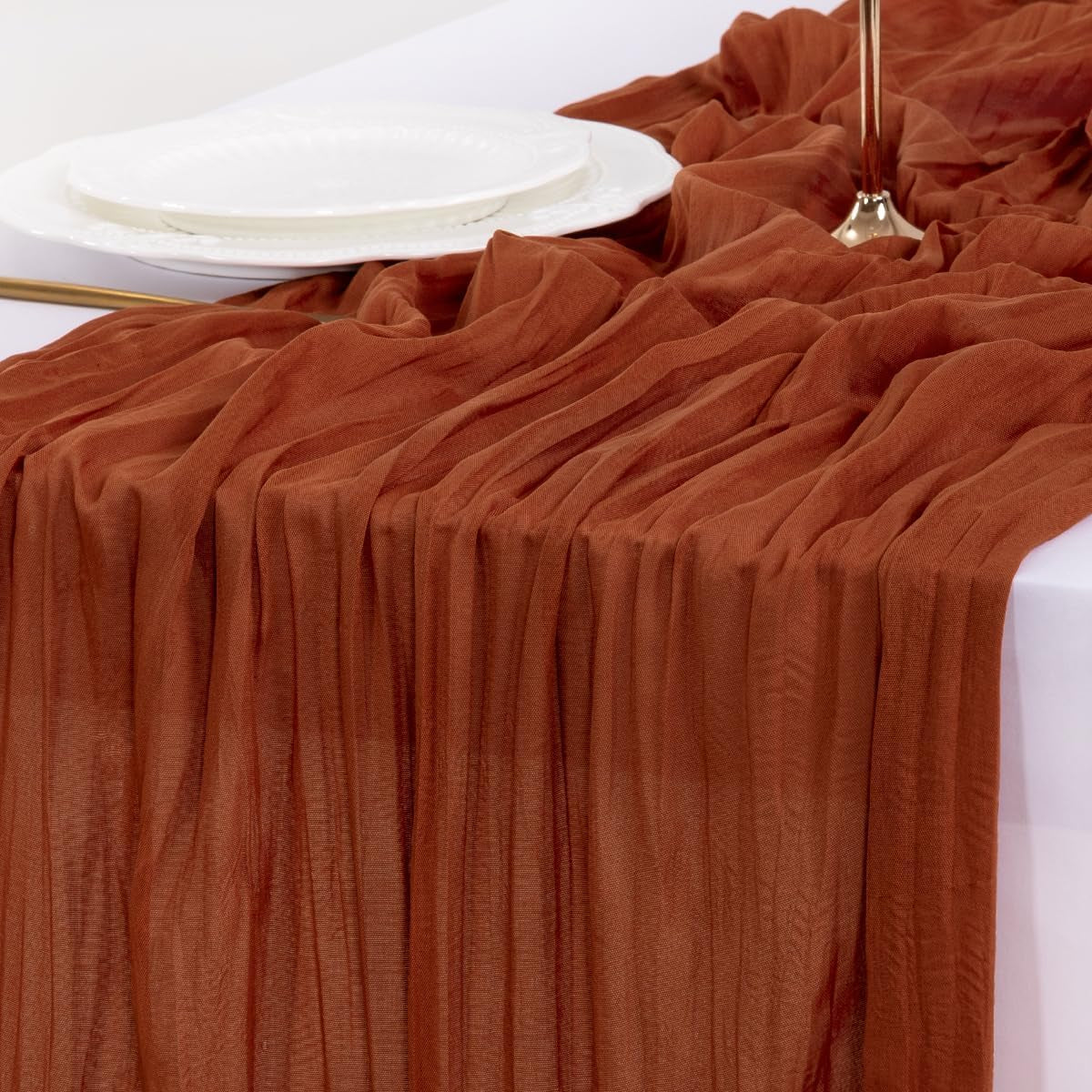 Fall Thanksgiving Table Runner Terracotta Cheesecloth Gauze Burnt Orange Boho Rustic Farmhouse 120 Inch 10FT Cheese Cloth Runner for Wedding Party Baby Shower Home Decor Holiday Decorations