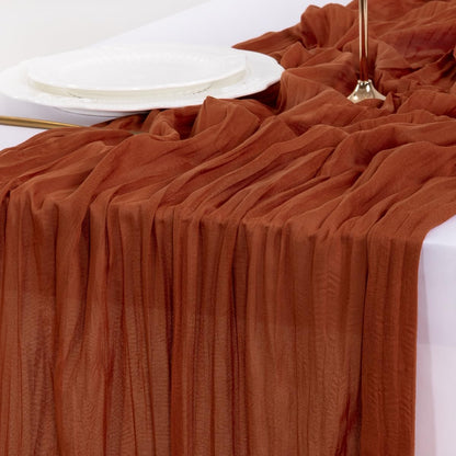 Fall Thanksgiving Table Runner Terracotta Cheesecloth Gauze Burnt Orange Boho Rustic Farmhouse 120 Inch 10FT Cheese Cloth Runner for Wedding Party Baby Shower Home Decor Holiday Decorations