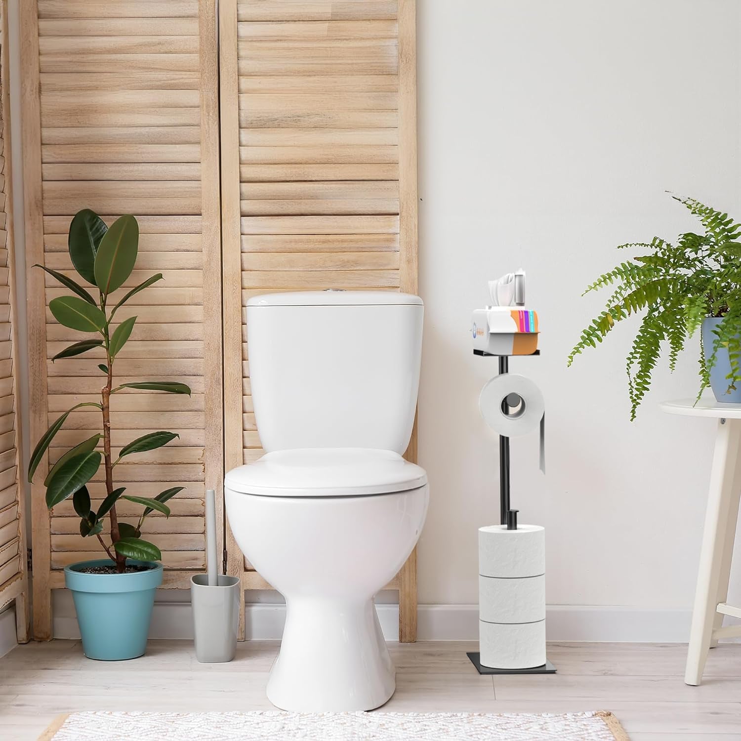 Black Toilet Paper Holder Stand with Phone Shelf, Bathroom Toliet Decor Decoration. Tissue Roll Free Standing Storage, Rv Accessories, Apartment Restroom Household Home Essentials