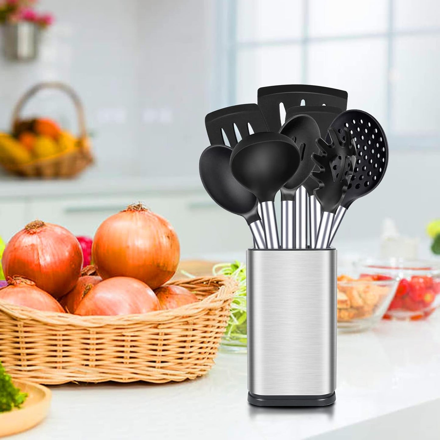 Silicone Cooking Utensil Set, 8Pcs Non-Stick Cookware with Stainless Steel Handle, BPA Free Heat Resistant Kitchen Tools with Spatulas, Turners, Spoons, Skimmer and Pasta Fork
