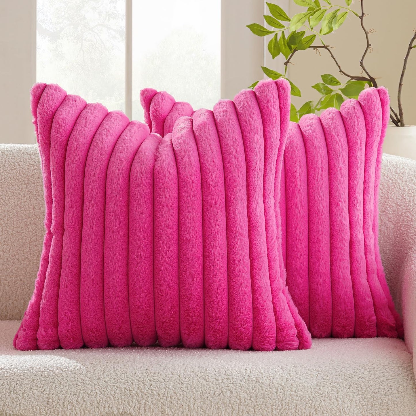 Faux Fur Plush Decorative Throw Pillow Covers Set of 2 Luxury Soft Fluffy Striped Pillowcases Cushion for Spring Sofa Couch Bed Living Room Hot Pink 18X18 Inch