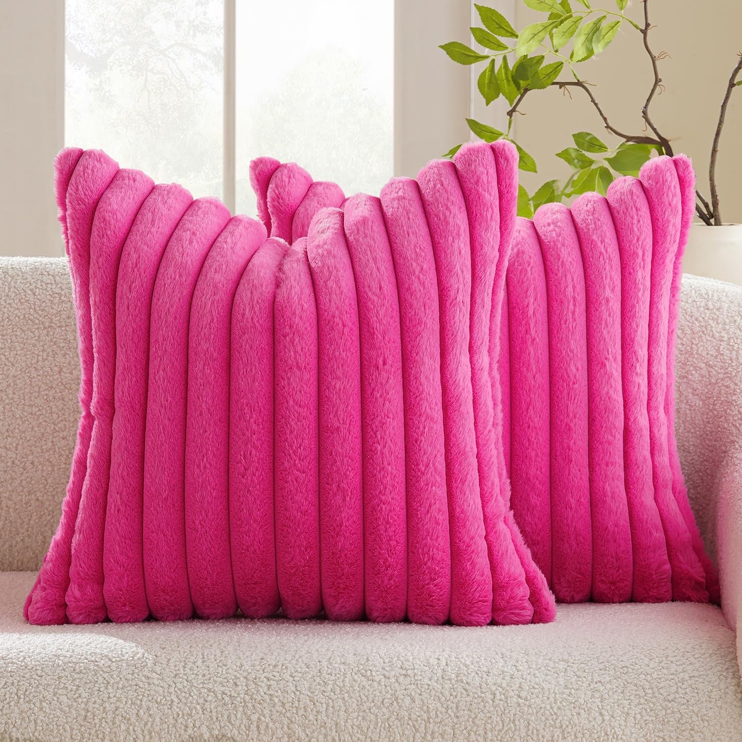 Faux Fur Plush Decorative Throw Pillow Covers Set of 2 Luxury Soft Fluffy Striped Pillowcases Cushion for Spring Sofa Couch Bed Living Room Hot Pink 18X18 Inch