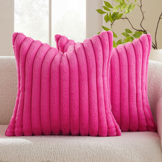 Faux Fur Plush Decorative Throw Pillow Covers Set of 2 Luxury Soft Fluffy Striped Pillowcases Cushion for Spring Sofa Couch Bed Living Room Hot Pink 18X18 Inch