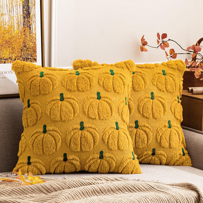 Autumn-Inspired Pumpkin Throw Pillow Covers Set of 2 - Mustard Yellow and Green Stem, 18 x 18 Inches, Soft Plush Faux Fur Decorative Cushions for Home, Porch, and Halloween Decor