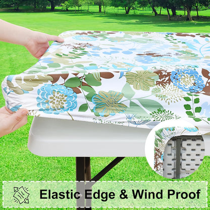Rectangle Vinyl Tablecloth, Fitted Table Cover, 100% Waterproof, Elastic Edge, Flannel Backing, Table Cloth Fit 6 Foot Folding Tables for Picnic, Outdoor (Leaves, 30X72 Inch)
