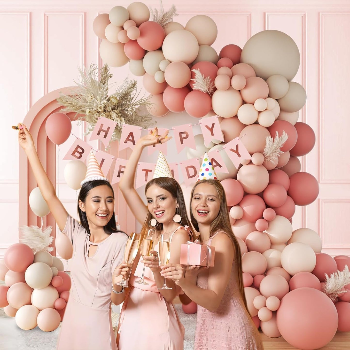 141Pcs Dusty Pink Balloon Arch Kit, Dusty Rose Balloons with Nude White Sand Light Pink Balloons, Boho Balloon Arch Kit for Bridal Wedding Baby Shower Birthday Party Decorations