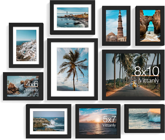 10 Pack Picture Frames Collage Wall Decor, Gallery Wall Frame Set for Wall or Tabletop Display, Engineered Wood and Shatter-Resistant Plexiglass, Multi Sizes with 8X10, 5X7, 4X6 Frames, Black