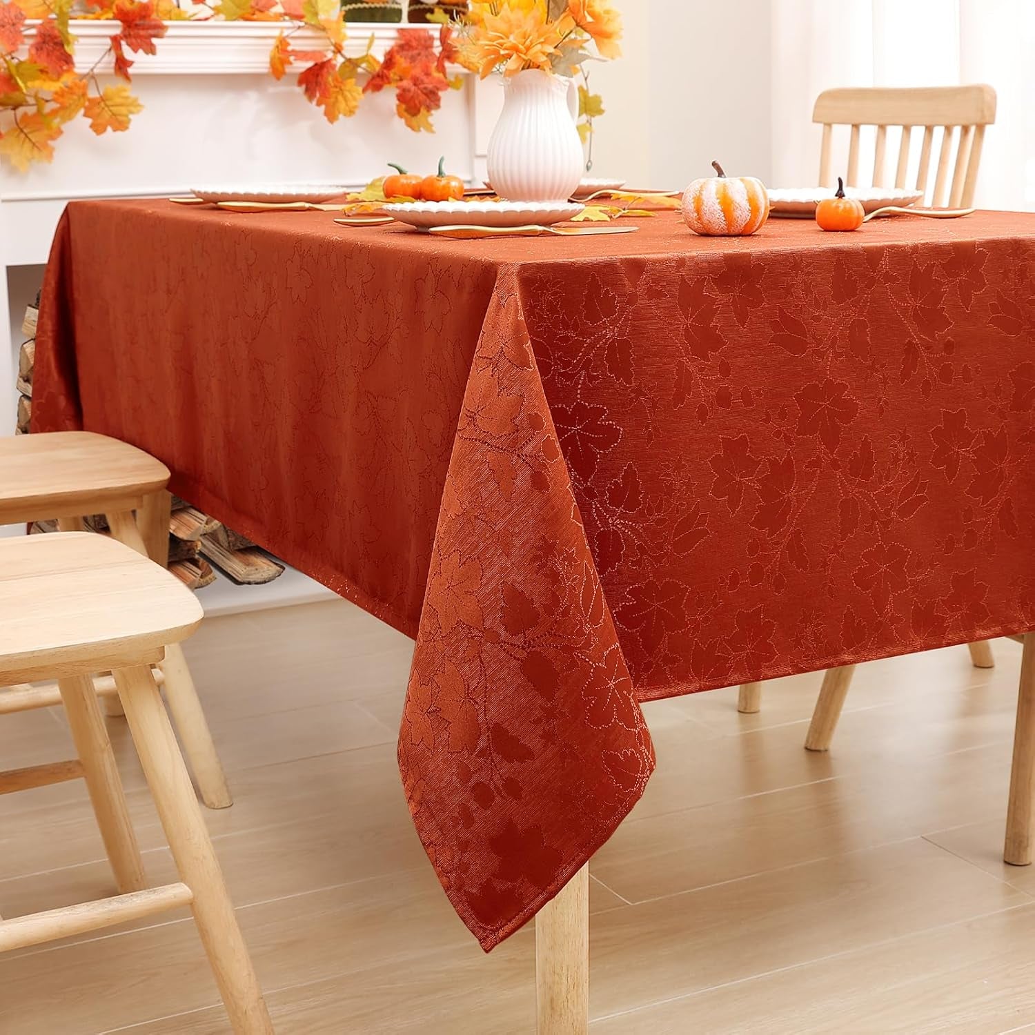 Rectangle Thanksgiving Tablecloth, Waterproof Jacquard Fall Table Cloth, Damask Cloth Table Cover for Harvest Decor (60" X 84", Rust Maple Leaf)