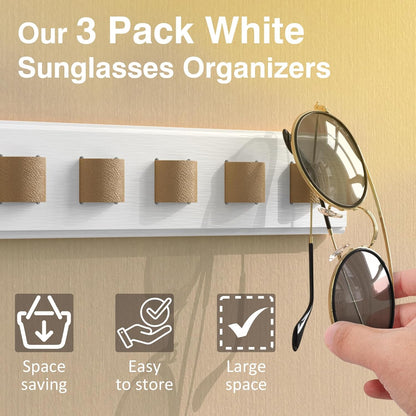 3 Pack Sunglass Organizer, Wall Mounted Sunglasses Organizer, Wooden Glasses Holder Sunglass Holder, Sunglasses Rack for Hanging Your Multiple Eyeglasses, for Wall, Home Decor(White)