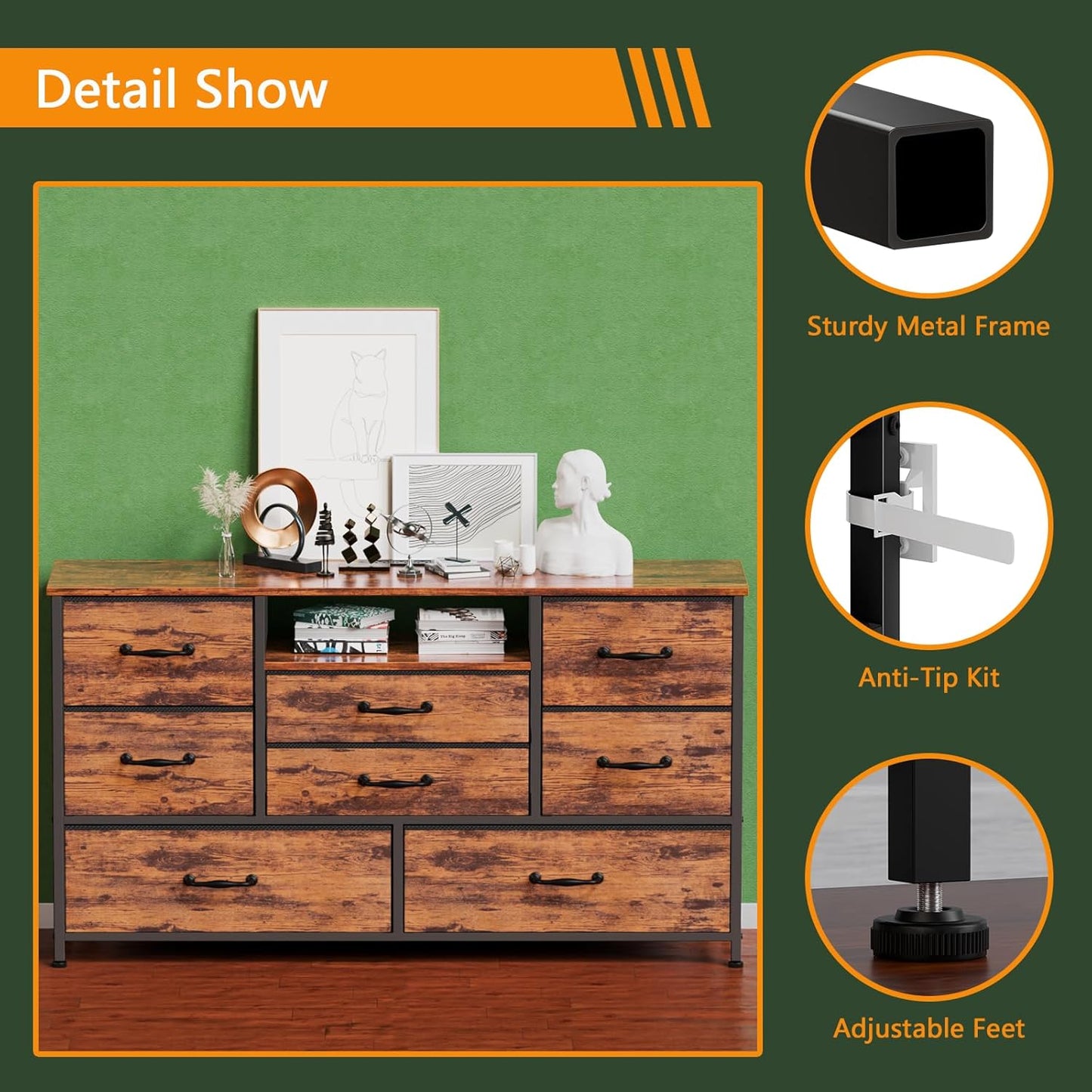 Rustic Brown Bedroom Dresser and TV Stand with 8 Drawers, Power Outlets, and Wood Desk Top - Versatile Storage Solution for Closet and Living Room