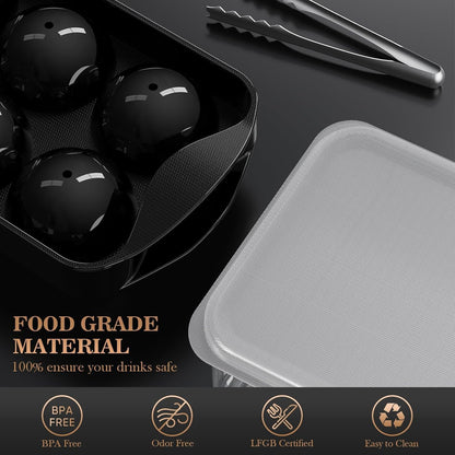 Whiskey Ice Ball Maker with Lid and Bin, 1.9" round Ice Cube Trays for Freezer, Large Sphere Whisky Ices Cubes Tray Circle with Bucket&Tong, Cocktail Bourbon Brandy Scotch(Black-6 Balls*2 Pack)