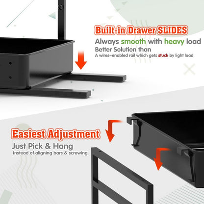 Height Adjustable 2 Tier Metal Pull Out Slide Shelf Organizer for under Sink Cabinets in Kitchen, Bathroom, with Snap-On Top Tray, 16" Deep (Black, 2 Sets)