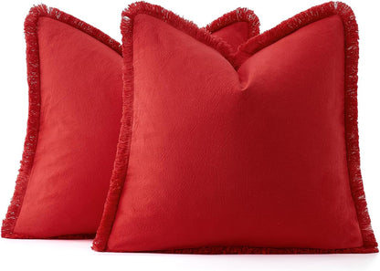 Throw Pillow Covers Boho Farmhouse 24X24 Christmas Set of 2 Decorative Christmas Red Eruo Sham Couch with Fringe Chic Cotton Pillowcases Home Decor Accents for Cushion Soft Bed Living Room