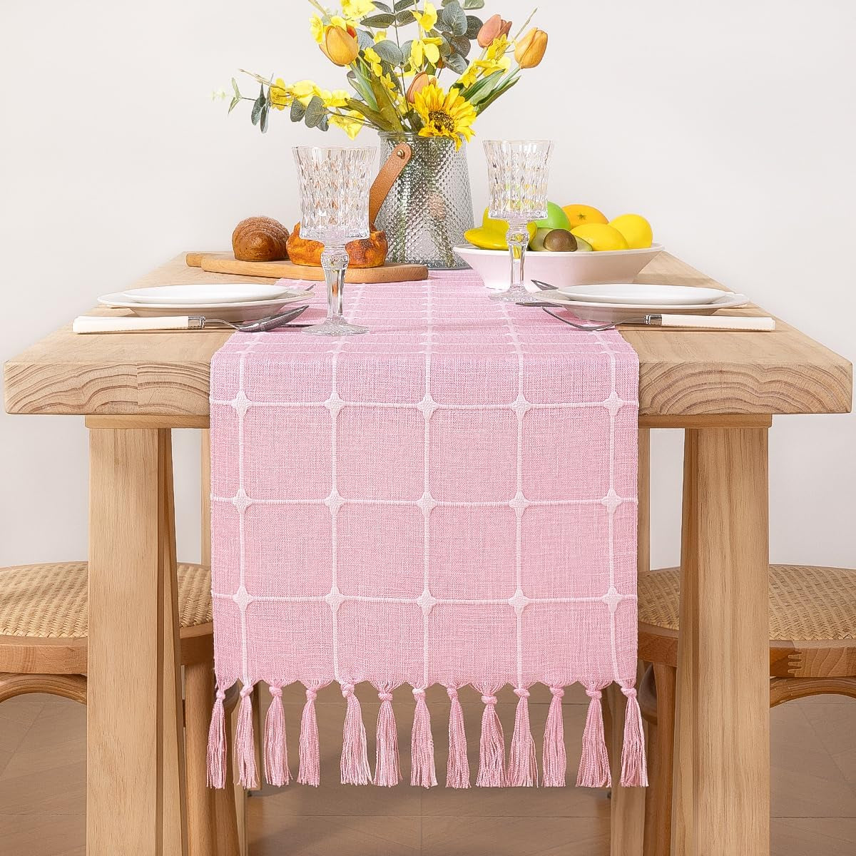 Farmhouse Table Runner 48 Inches Macrame Plaid Coffee Table Runner Cotton Rustic Fall Thanksgiving Table Runner with Tassels for Boho Home Decor Dining Living Room 13X48 Inches Pink