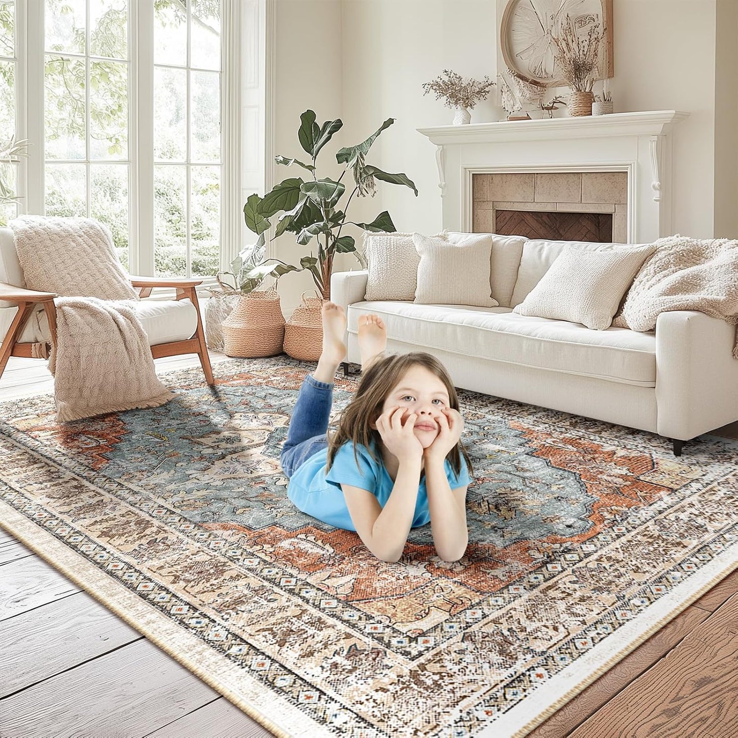 8X10 Area Rug Washable Rugs for Living Room, No Pile Boho Carpet for Entryway Bedroom Dinning Room, Vintage Carpet Print Distressed Non-Slip, 8 X 10 Ft, Green Brick Rust Red