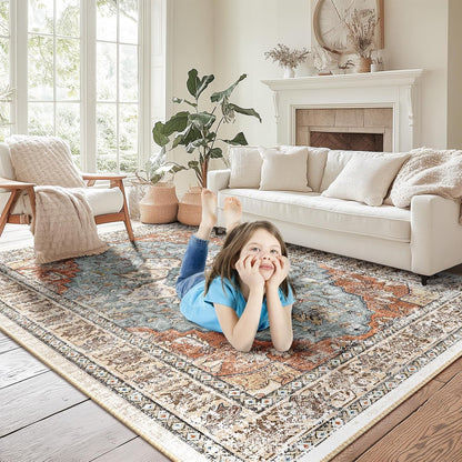 8X10 Area Rug Washable Rugs for Living Room, No Pile Boho Carpet for Entryway Bedroom Dinning Room, Vintage Carpet Print Distressed Non-Slip, 8 X 10 Ft, Green Brick Rust Red