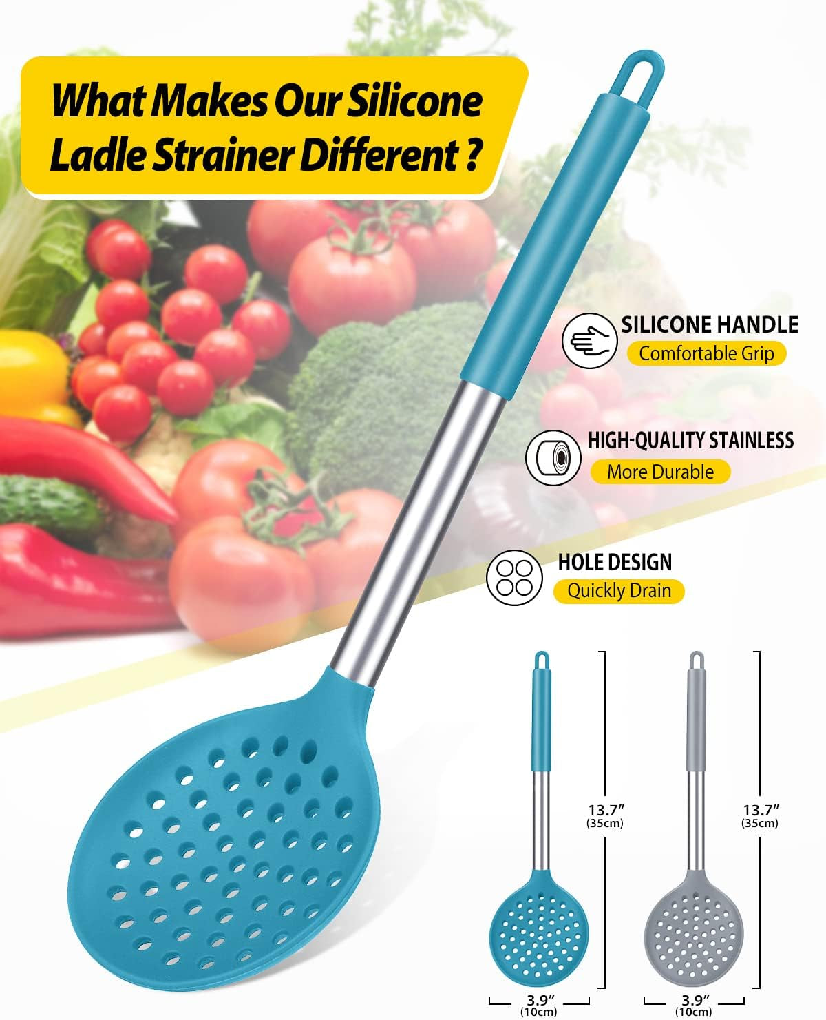 Kitchen Ladle Strainer Set of 2 Large Slotted Spoon with High Heat Resistant BPA Free Non Stick Cooking Skimmers for Draining and Frying (Grey and Teal Blue)