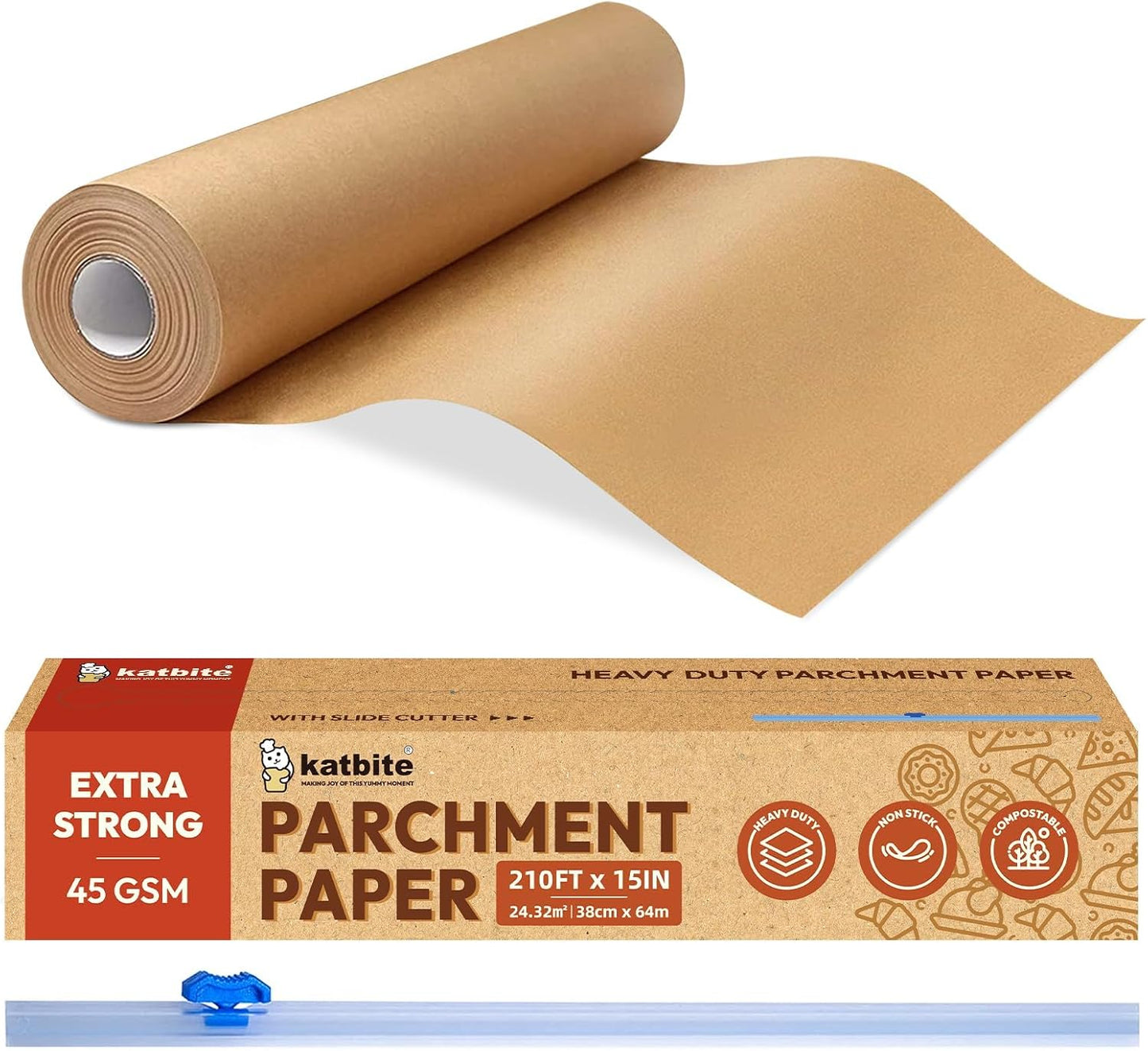 Heavy Duty Parchment Paper Roll for Baking, 15 in X 210 Ft, 260 Sq.Ft Baking Paper with Slide Cutter, Easy to Cut & Non-Stick Cooking Paper for Bread, Cookies, Air Fryer, Steaming, Grilling