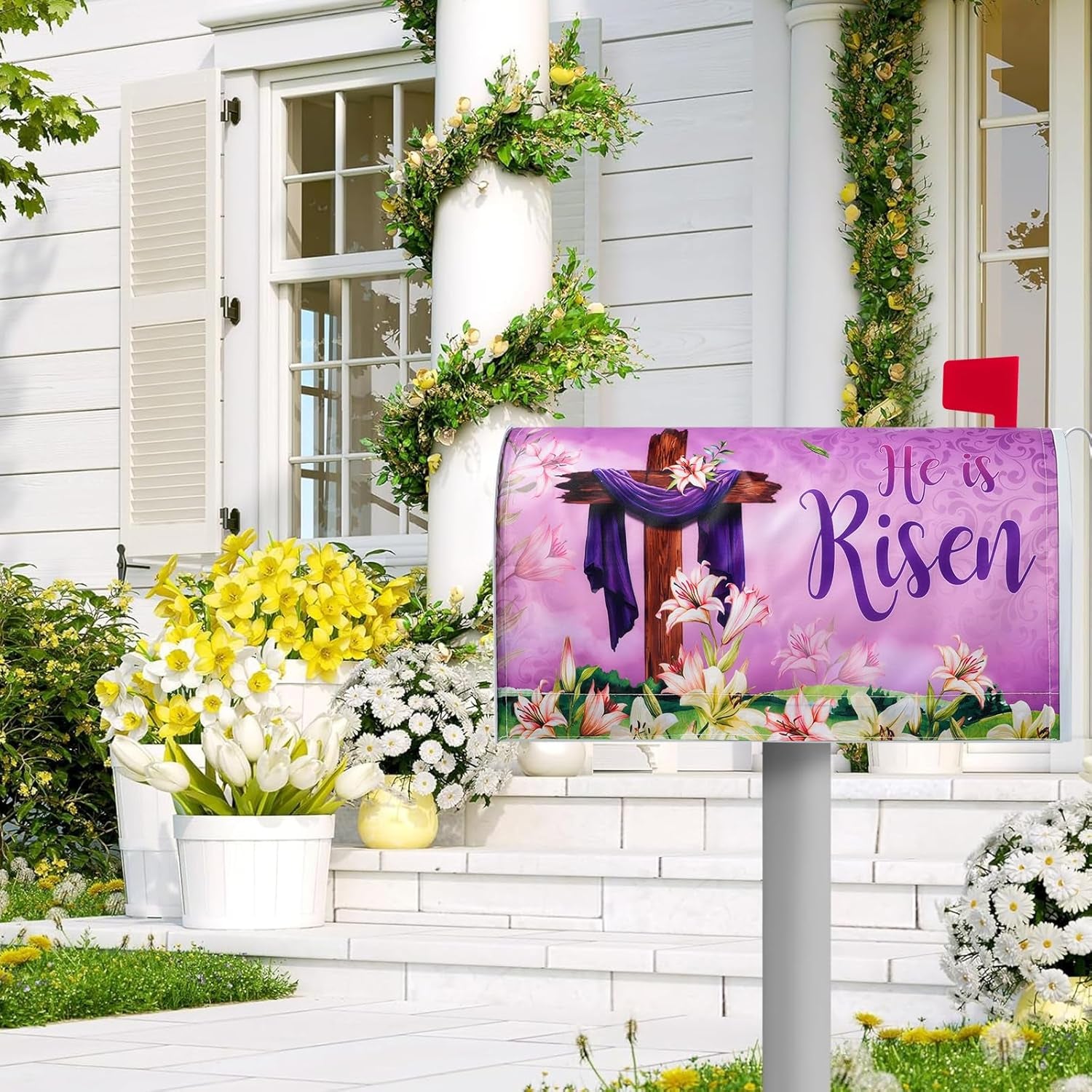 He Is Risen Easter Mailbox Covers Magnetic Standard Size 21X18 Inch, Spring Lily Floral Easter Decorative Mailbox Wraps Post Letter Box Cover for Farmhouse Home Yard Garden Decorations