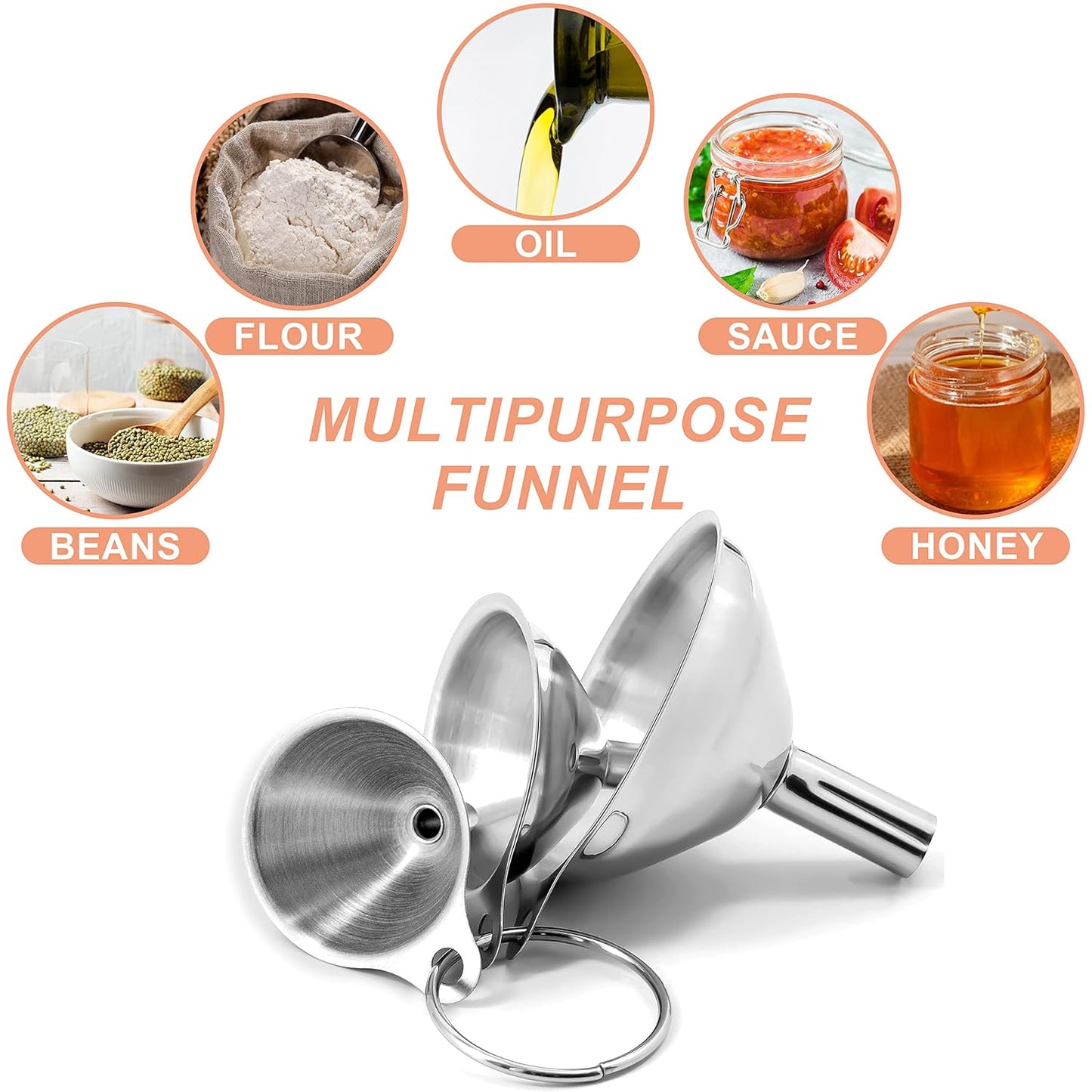 Stainless Steel Mini Kitchen Funnel Set, 3 Pack Durable Metal Filling Funnels for Transferring Liquid, Dry Ingredients, Cosmetic Lotion, Fluid, Spices, Powder - Food-Grade & High Heat Resistant